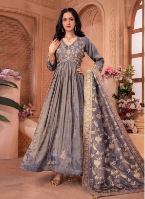 Grey Color Tissue Aliya Cut Anarkali Dress