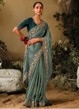 Designer Saree In Grey Color With Embroidered Work