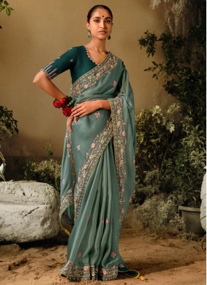 Designer Saree In Grey Color With Embroidered Work