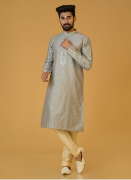 Grey  Zari Embellished Brocade Silk Kurta Pajama