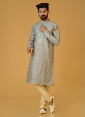 Grey  Zari Embellished Brocade Silk Kurta Pajama