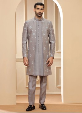 Grey Embroidered Jacket Style Indowestern Set In Silk