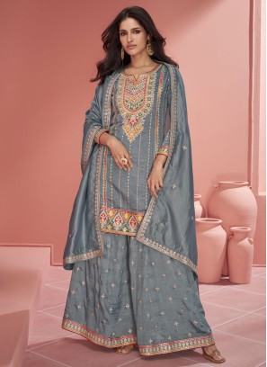 Grey Organza Silk Embroidered Palazzo Set