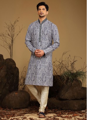 Grey Festive Printed Silk Kurta Pajama