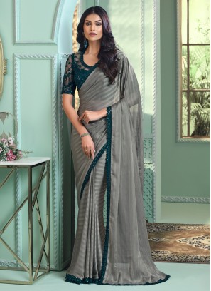 Grey Festive Saree In Georgette With Sequins Work