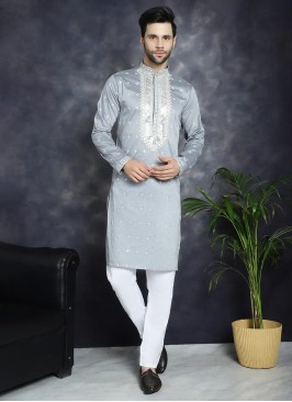 Grey Festive Wear Cotton Silk Kurta Pajama