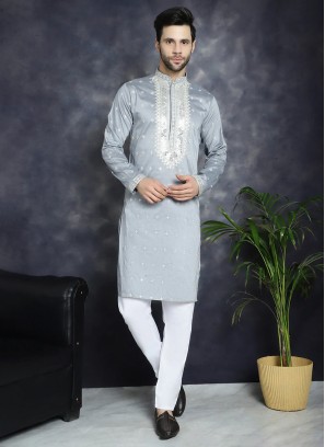 Grey Festive Wear Cotton Silk Kurta Pajama