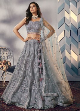 Shimmering Grey Sequins Embellished Net Choli Suit