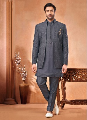 Grey Jacket Style Indowestern Set For Groom