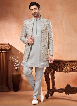 Grey Jacket Style Indowestern Set With Thread Embroidery