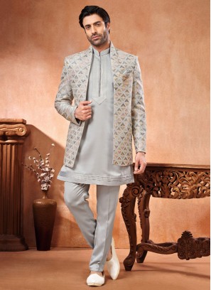 Grey Jacket Style Indowestern Set With Thread Embroidery