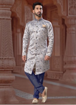 Grey Jacquard Silk Festive Wear Indowestern Set