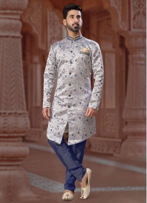 Grey Jacquard Silk Festive Wear Indowestern Set