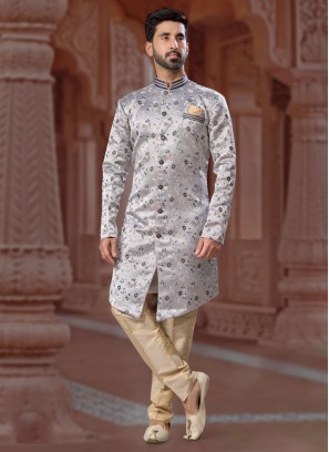 Grey Jacquard Silk Indowestern Set For Men