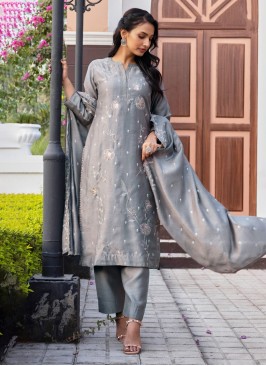 Grey Pant Style Suit With Matching Dupatta