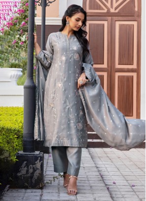 Grey Pant Style Suit With Matching Dupatta