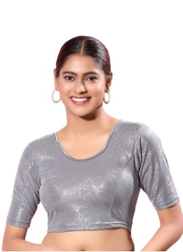 Grey Readymade Blouse In Shimmer With Round Neckline