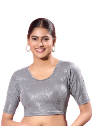 Grey Readymade Blouse In Shimmer With Round Neckline