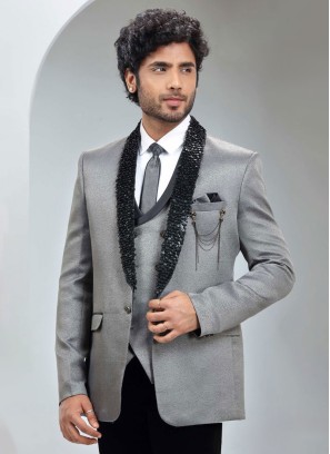 Grey Sequins Embroidered Imported Fabric Suit For Men