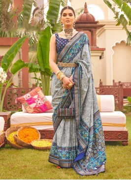 Alluring Grey And Blue Patola Print Silk Saree