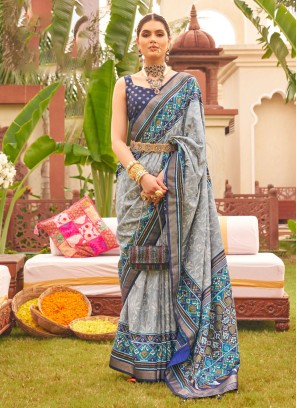 Alluring Grey And Blue Patola Print Silk Saree