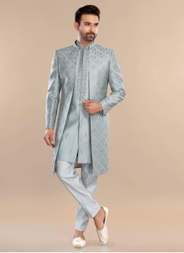 Grey Silk Embroidered Indowestern Set With Jacket