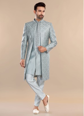 Grey Silk Embroidered Indowestern Set With Jacket