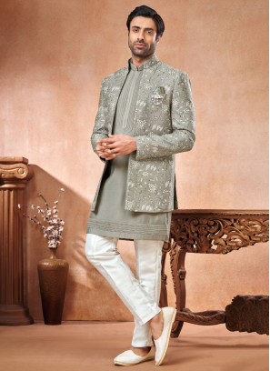 Grey Thread Embroidered Jacket Style Indowestern Set