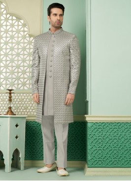 Grey Thread Embroidered Jacket Style Indowestern Set