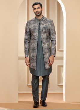 Grey Thread Indowestern Set In Silk