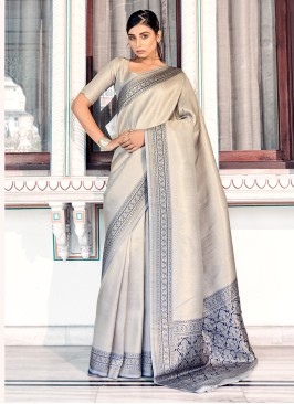 Grey Weaving Embroidered Kanjivaram Silk Saree