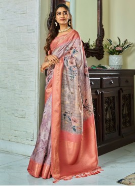 Grey Floral Printed Festive Handloom Silk Saree