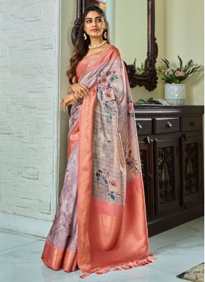 Grey Floral Printed Festive Handloom Silk Saree