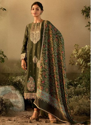 Dark Olive Green Weaving Tissue Silk Dress Material