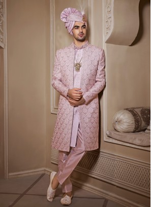 Groom Embroidered Jacket Style Sherwani Set In Art Silk