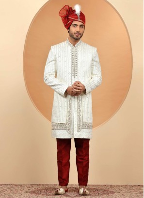 Groom Embroidered Jacket Style Sherwani Set In Silk