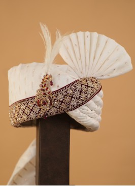 Groom Wear Embroidered White And Maroon Safa