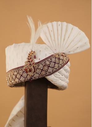 Groom Wear Embroidered White And Maroon Safa
