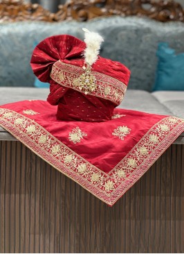 Groom Wear Silk Safa And Dupatta In Maroon Color