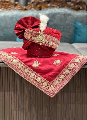 Groom Wear Silk Safa And Dupatta In Maroon Color