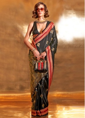 Satin Silk Black Weaving Contemporary Saree