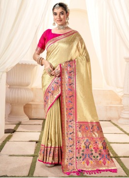 Handloom Silk Cream Weaving Contemporary Paithani Saree