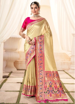 Handloom Silk Cream Weaving Contemporary Paithani Saree