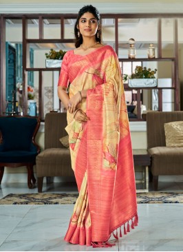 Light Yellow Color Digital Print Handloom Silk Festive Saree