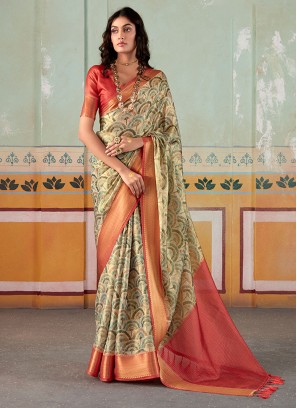 Cream Fancy Printed Tissue Silk Contemporary Saree