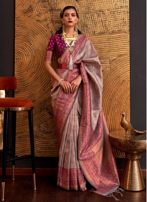 Dusty Rose Pink Woven Handloom Silk Classic Saree