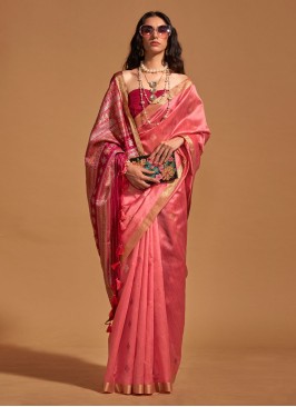 Dark Peach Handloom Silk Weaving Saree
