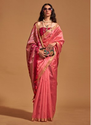 Dark Peach Handloom Silk Weaving Saree