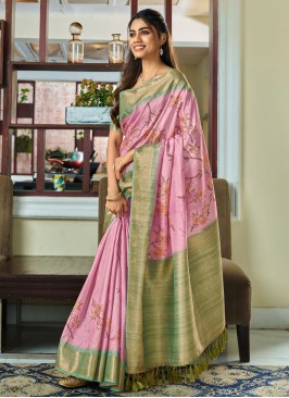 Pink Handloom Silk Digital Print Contemporary Saree