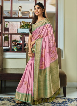 Pink Handloom Silk Digital Print Contemporary Saree